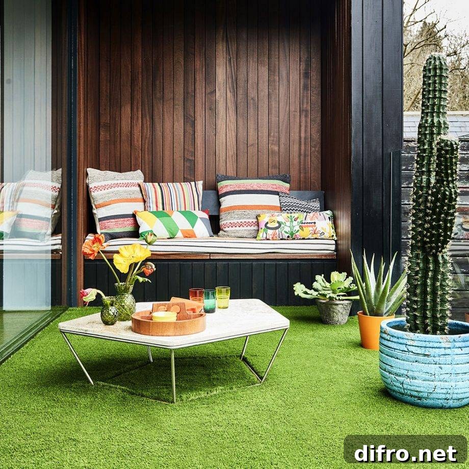 faux grass on balcony with colorful furniture