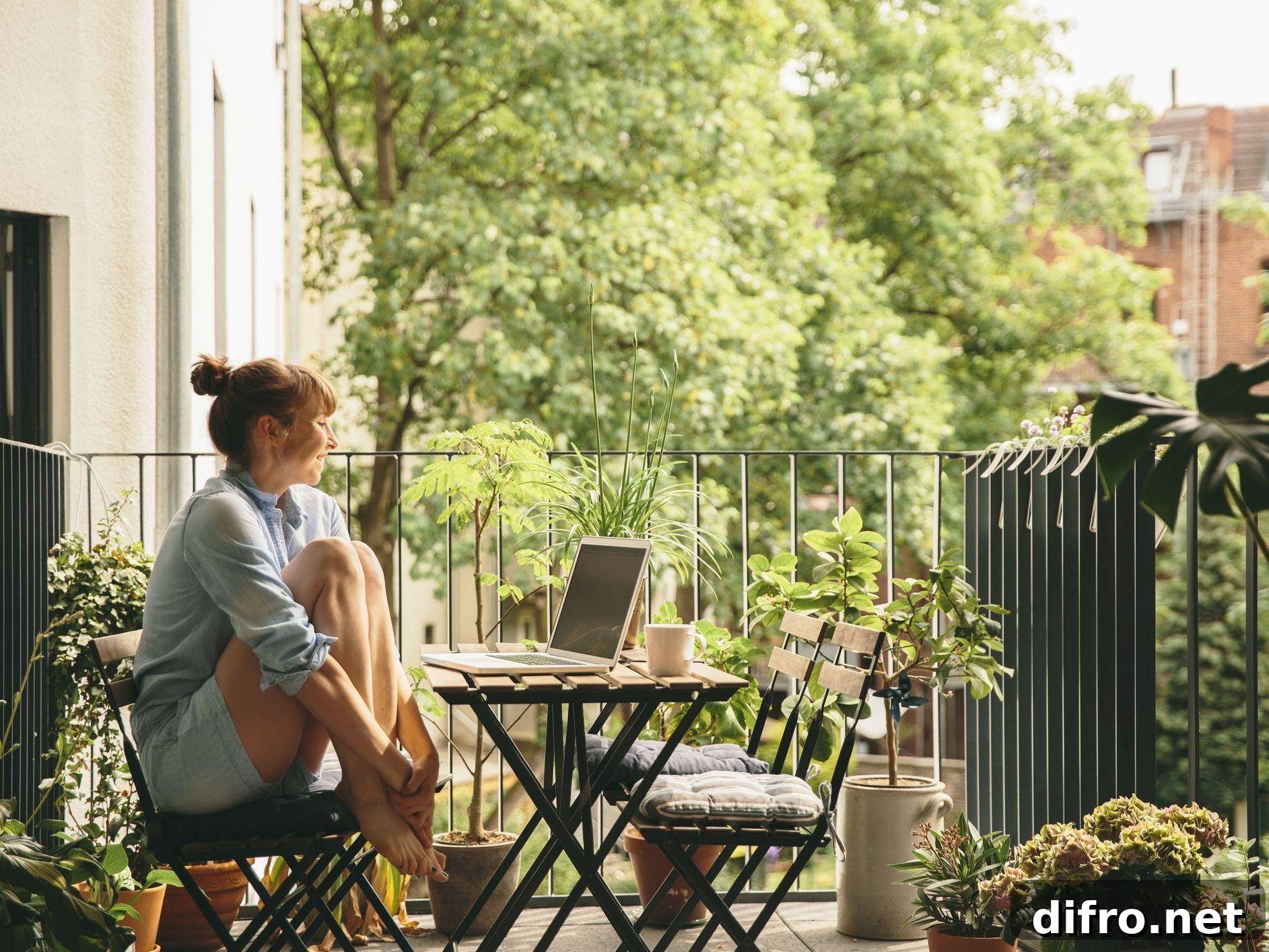 woman seated at patio table on balcony