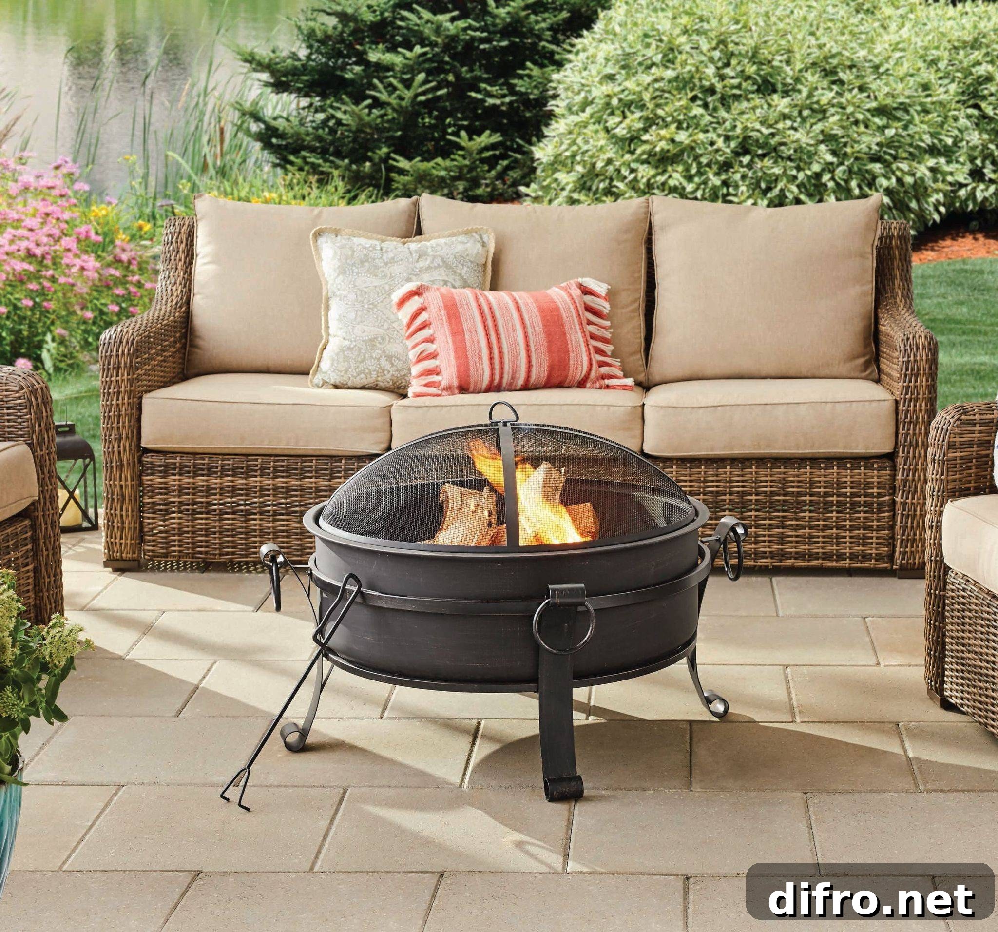 lighted firepit on stone patio