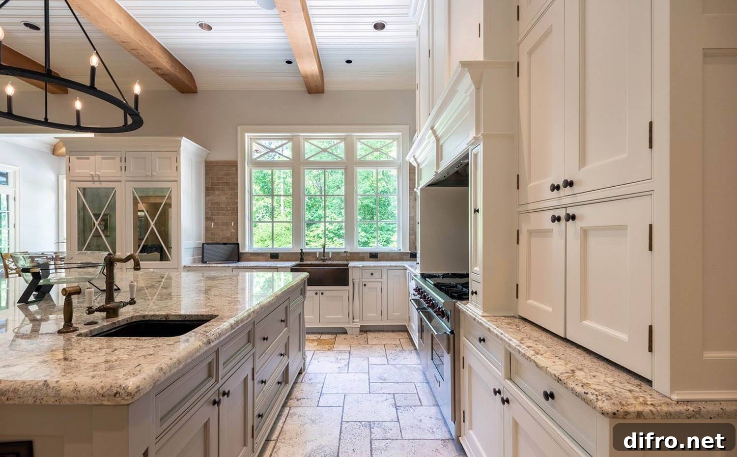 cream kitchen cabinets with light speckled granite countertops