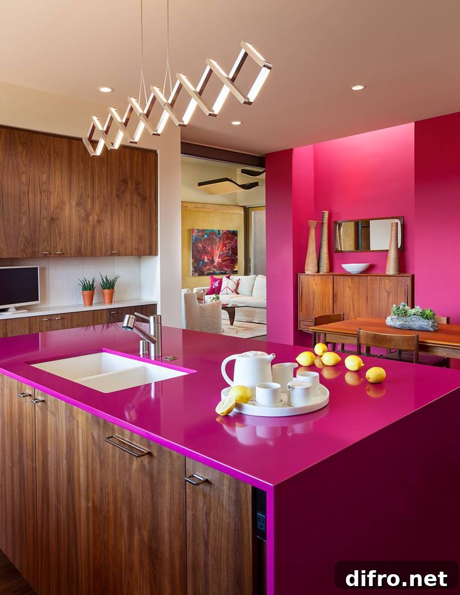 Minimalist Kitchen with Hot Pink Countertop
