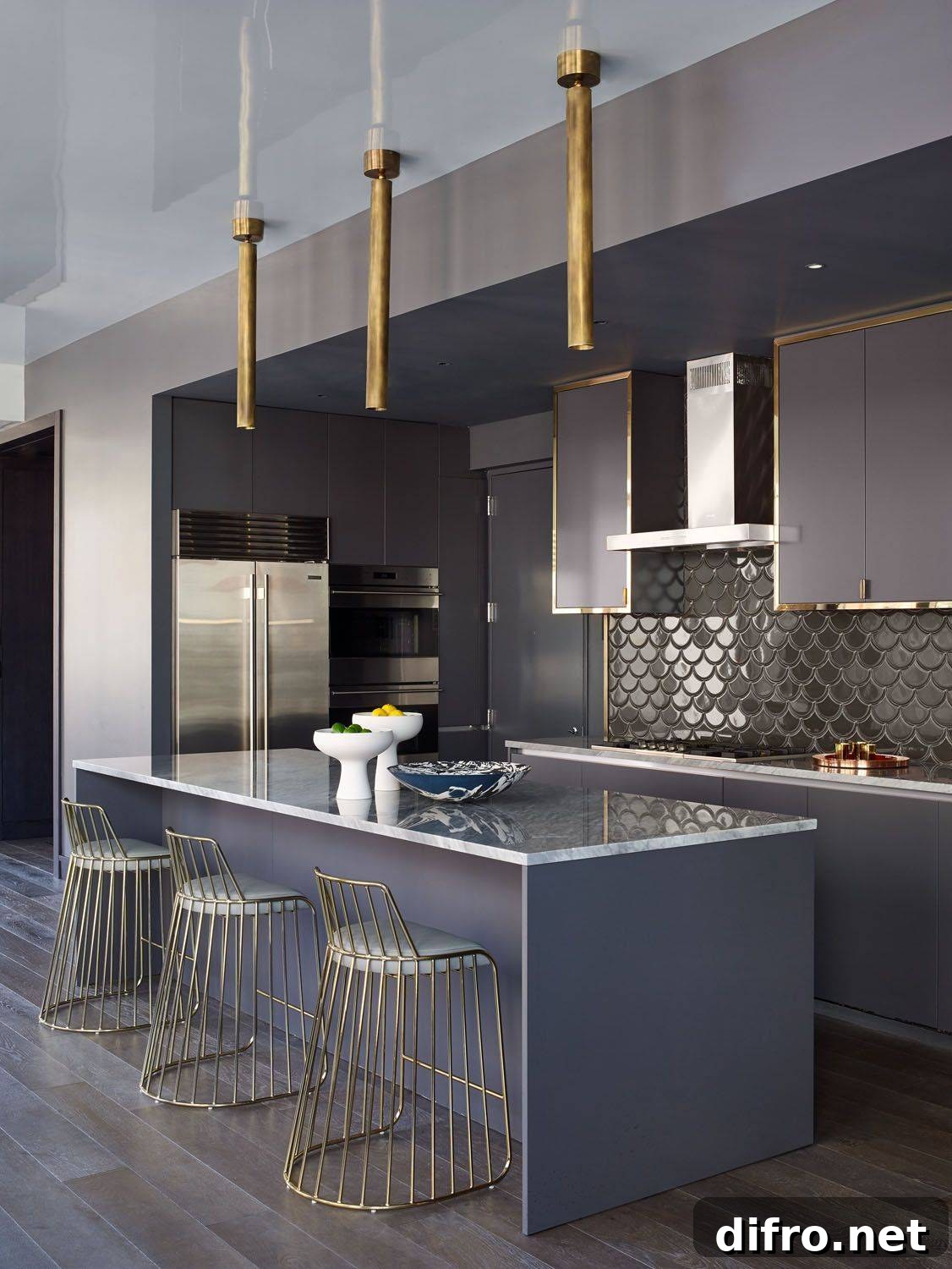 Dark and Gold Themed Kitchen with Dark Backsplash
