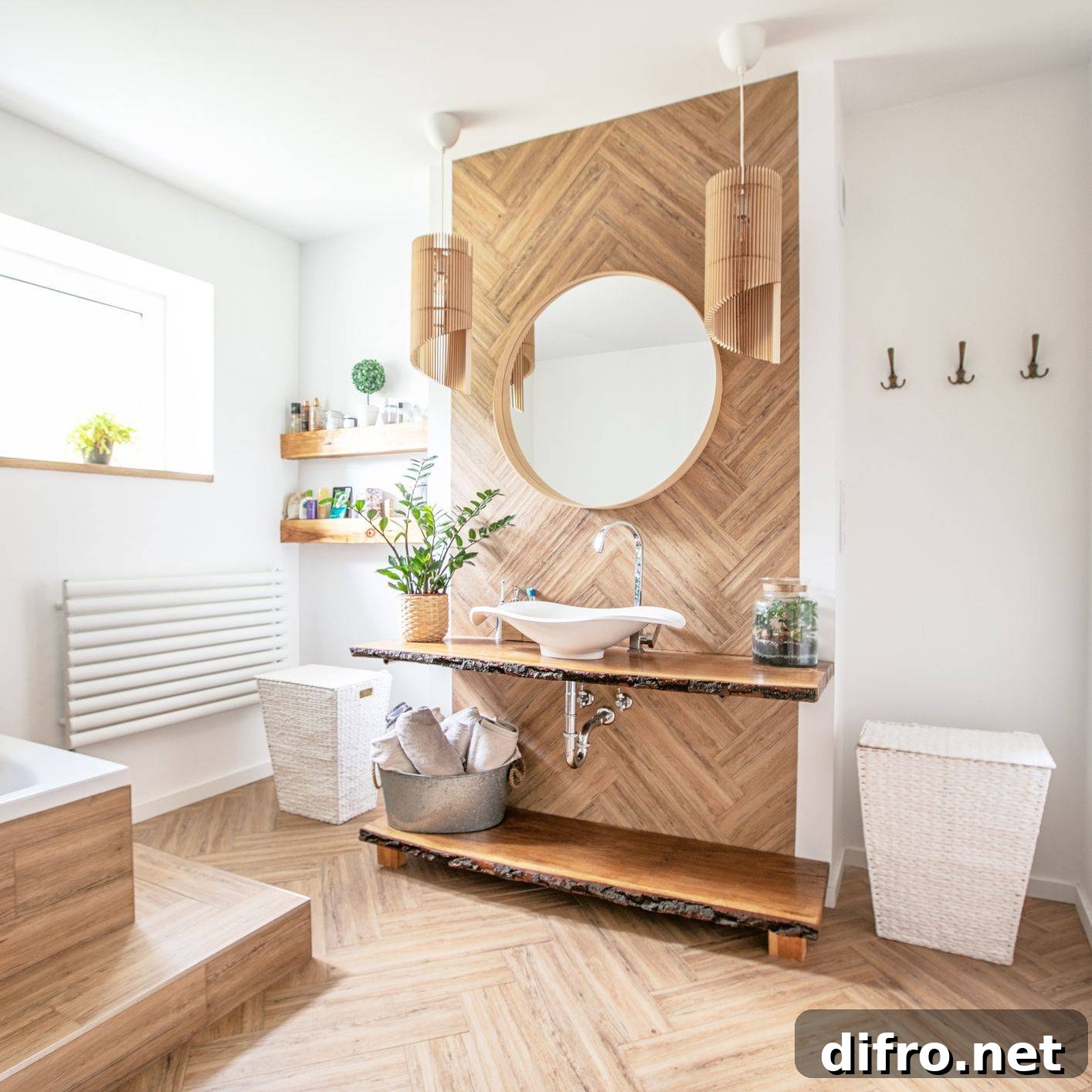 Warm Colored Wood Tile Bathroom With Special Lighting