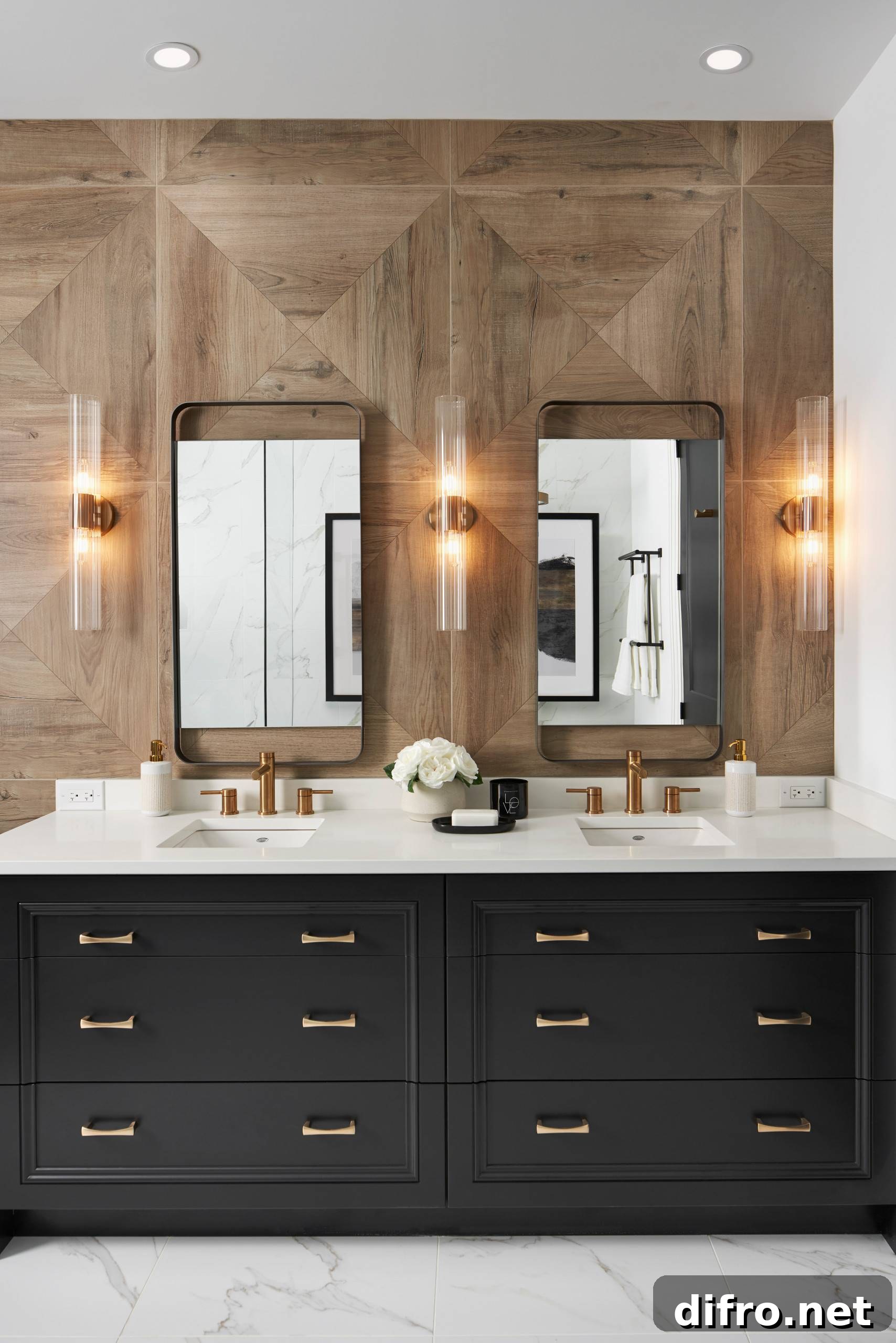 Warm Colored Wood Tile Bathroom With Special Lighting.