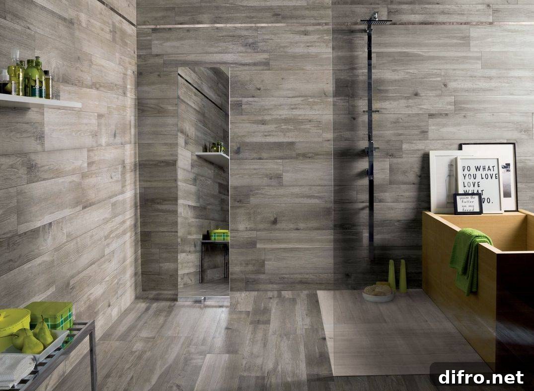 Wood Tiles on Bathroom Floor and Walls