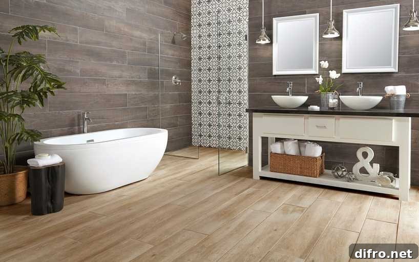 Minimalist Wood Tile Bathroom With Gray Marble Tile