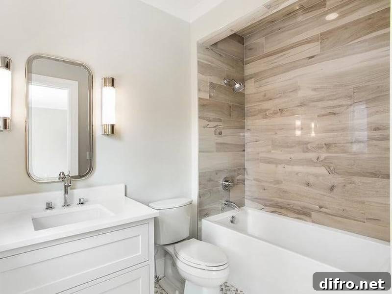 White Bathroom With Wood Tile Accent Wall