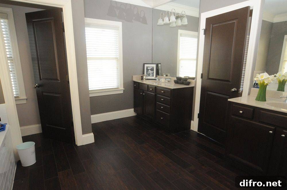 Charming Dark-Colored Wood Tile Bathroom Floor