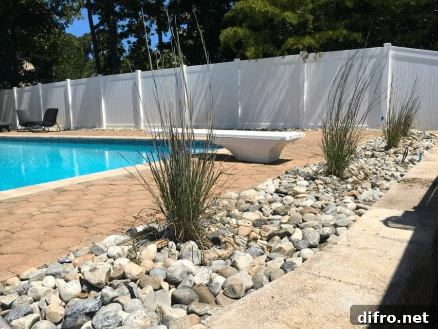 rock garden next to inground pool