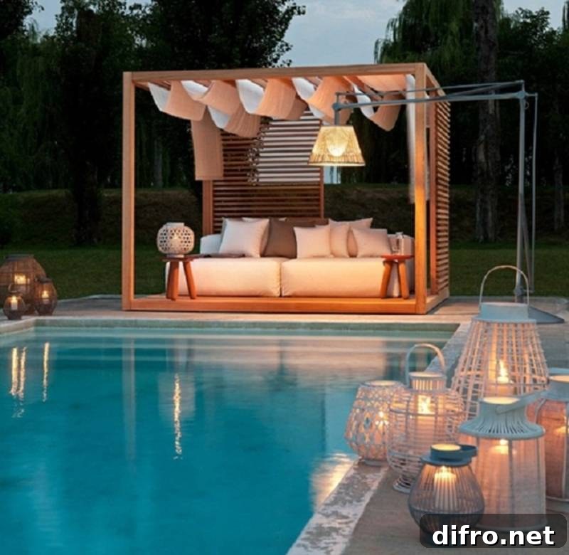 pool gazebo lounge area lit up at night