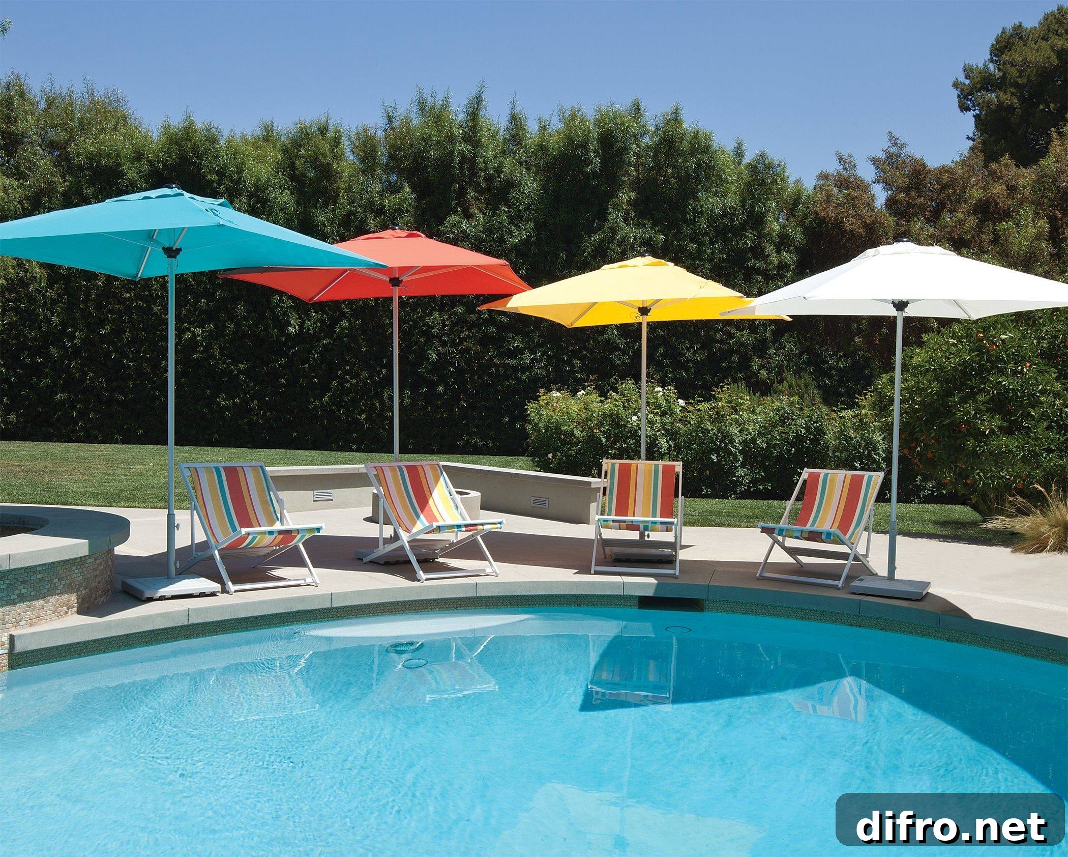 multicolored patio umbrellas by pool