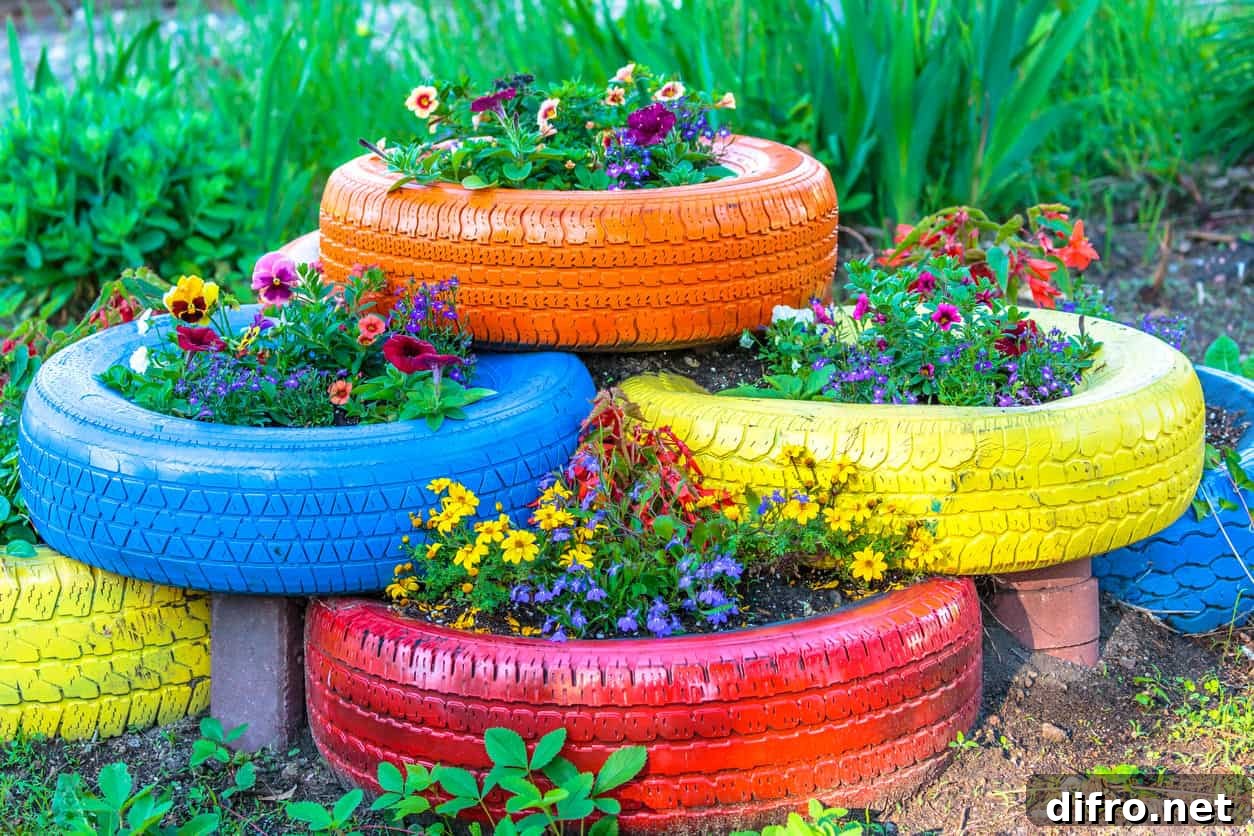 multi colored upcycled tire planters
