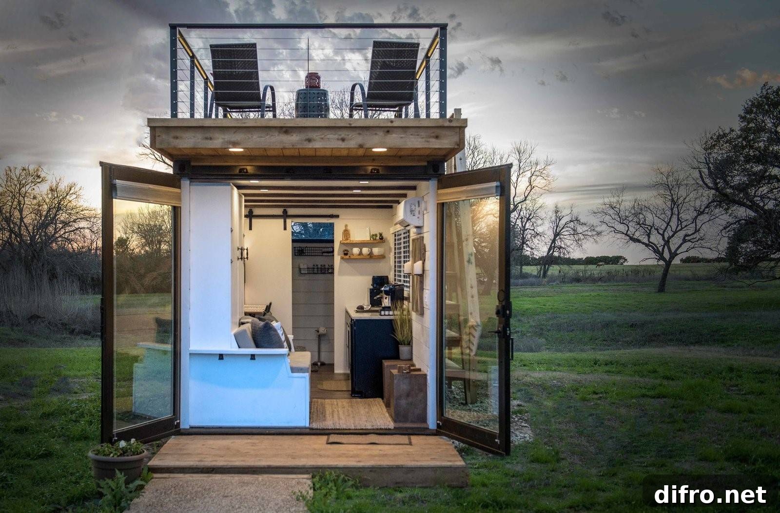 container home with rooftop deck and open concept back doors