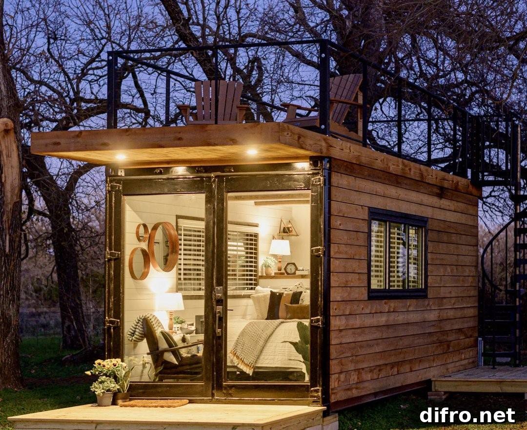 wooden container home with one bed and chair