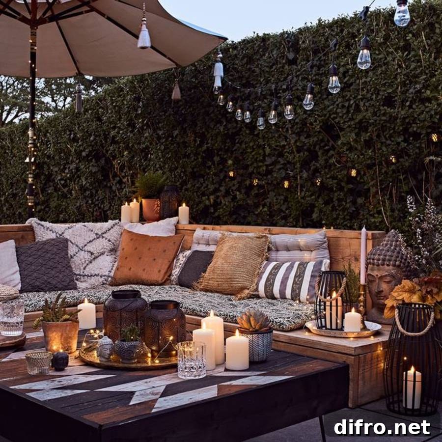 backyard boho patio setting with lanterns