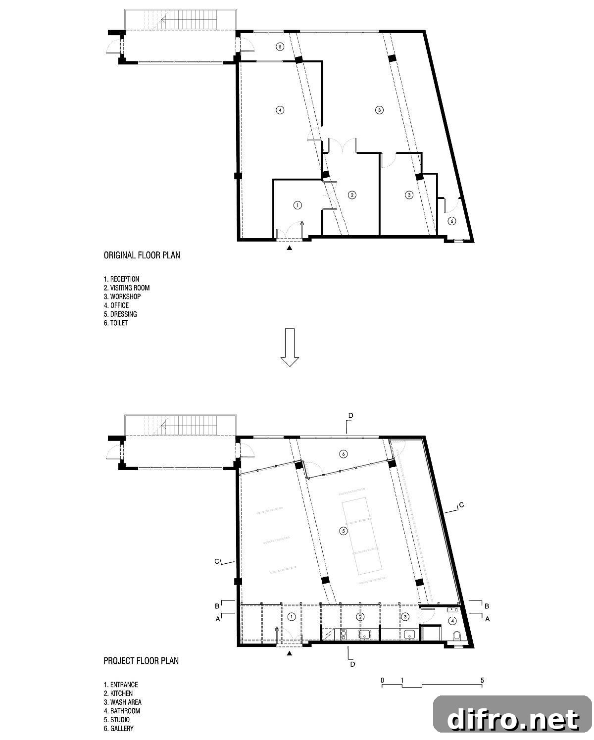 Original and renovated floor plan sketches of the Barcelona studio