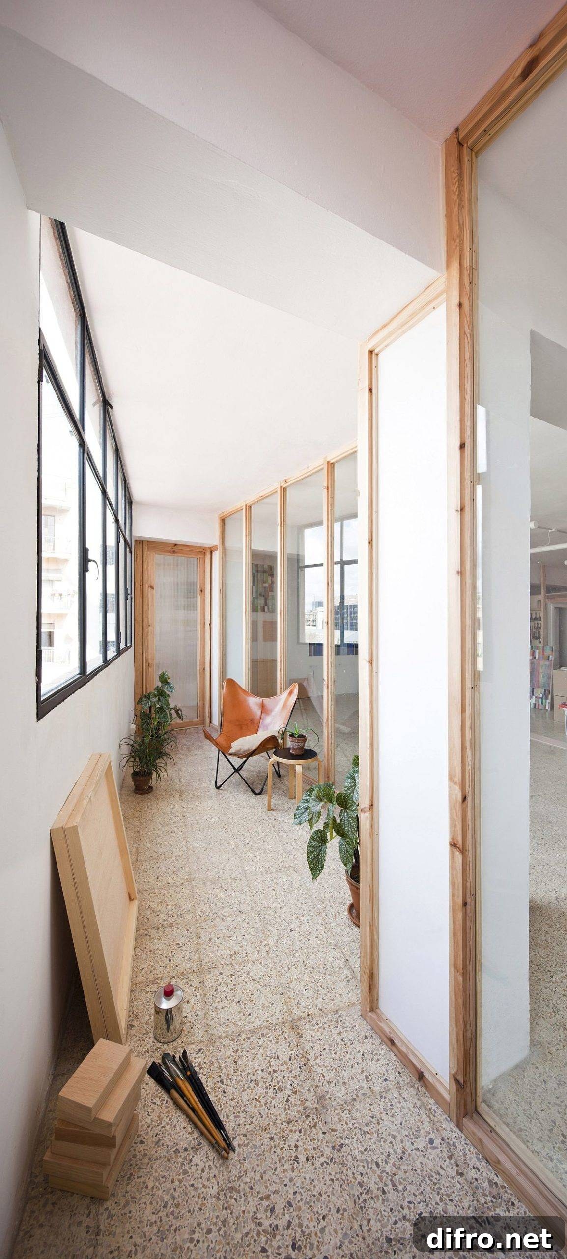 Wooden partitions and bright interior of Barcelona studio