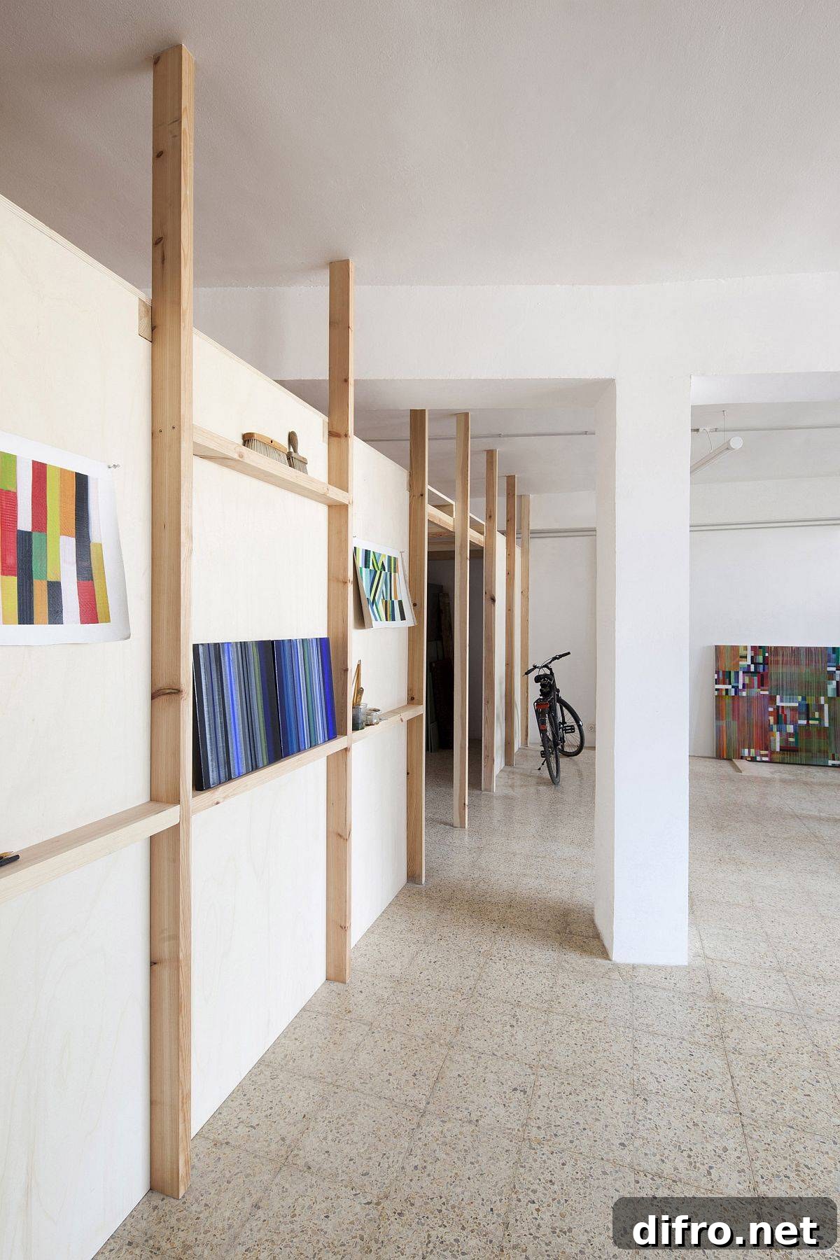 Transformed artist studio interior showing light and wooden framing