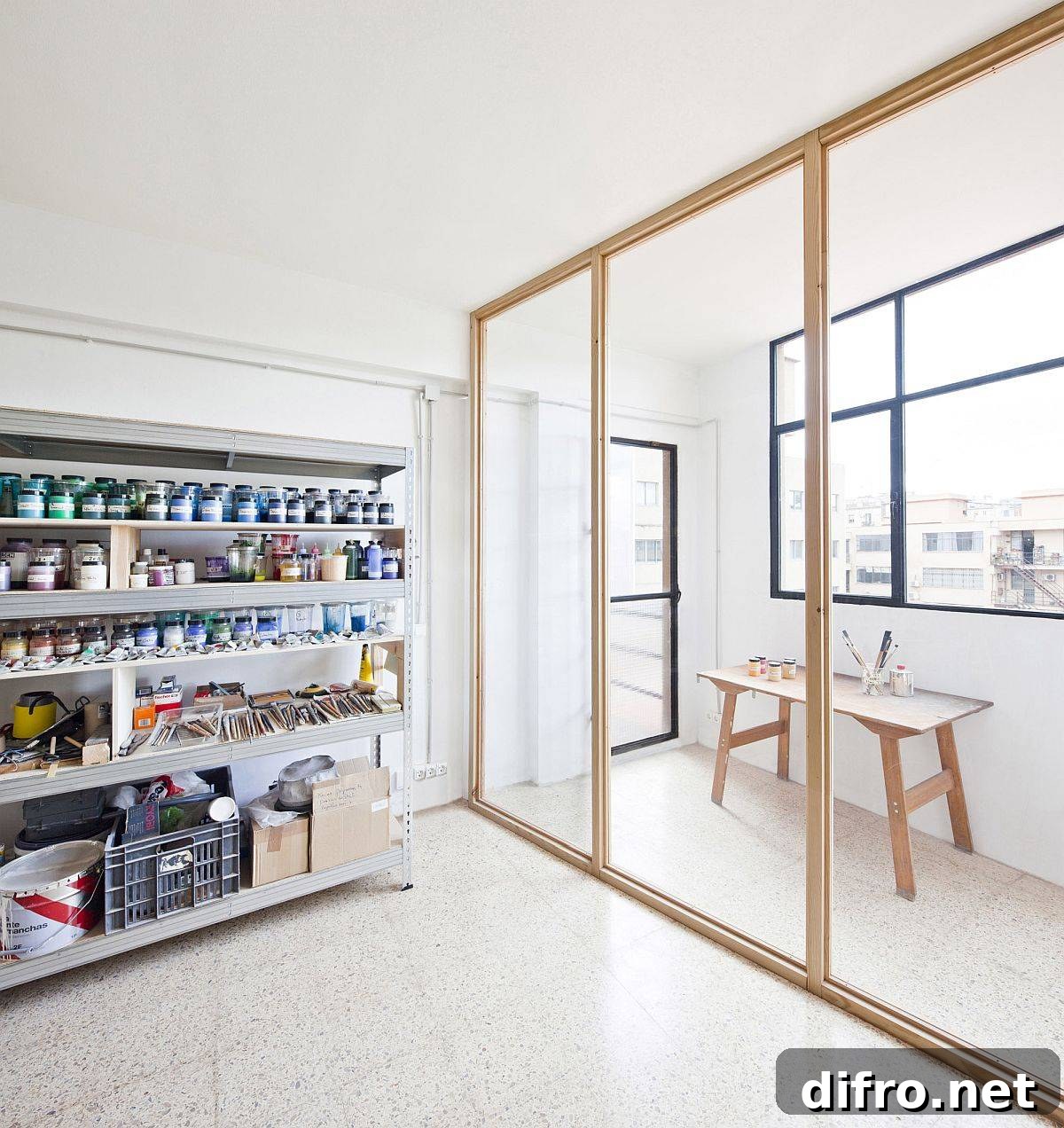Glass doors in wooden frame forming room-within-a-room