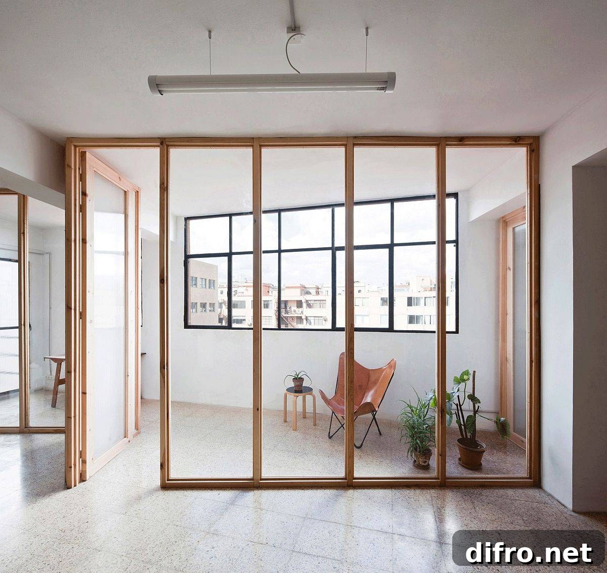 Covered outdoor-like space formed between window and wooden partitions