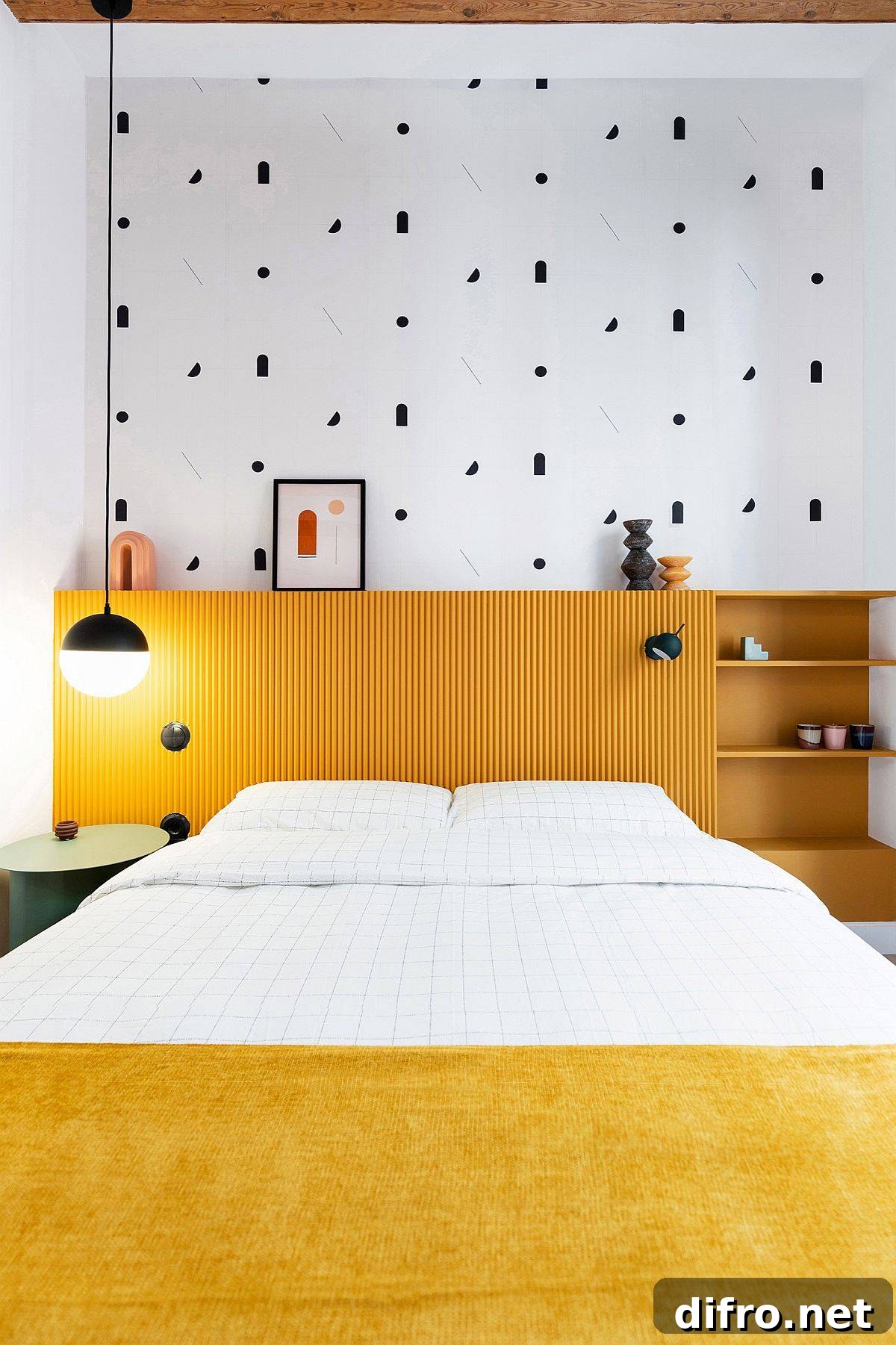 Scandinavian style bedroom in yellow and white