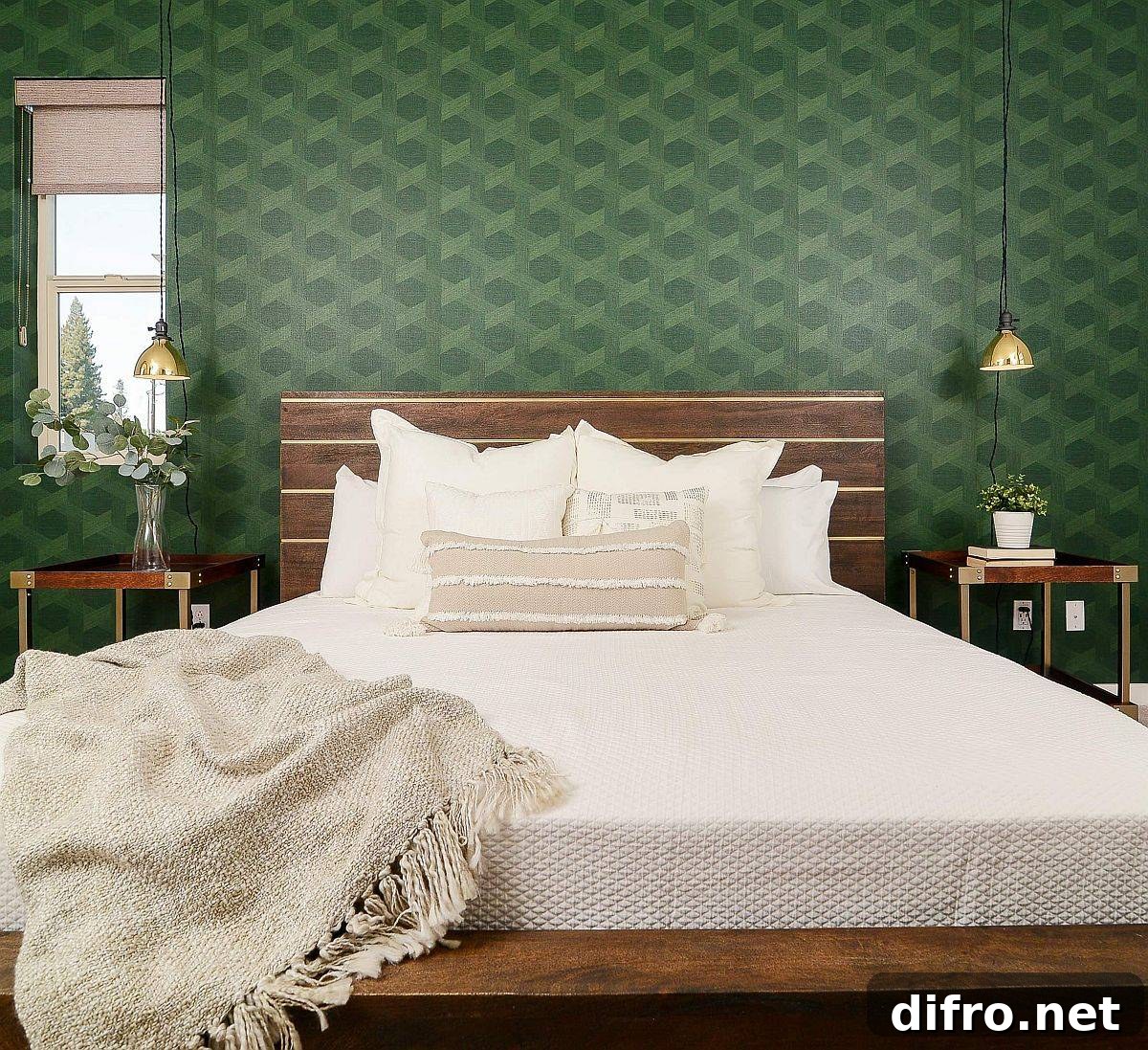 Green wallpaper in a modern spacious bedroom
