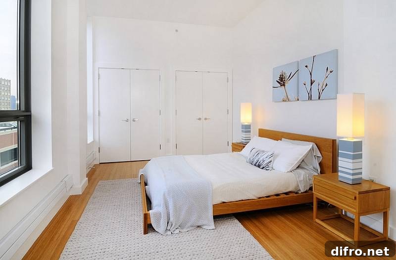 Stylish cozy modern white and wood bedroom