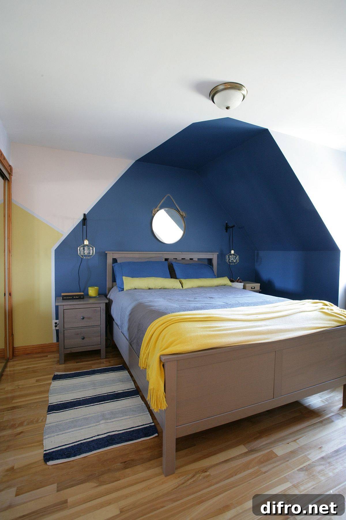 Scandinavian bedroom in blue and yellow
