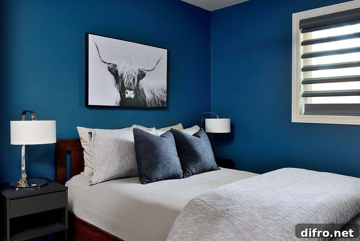 Small contemporary bedroom in deep navy blue