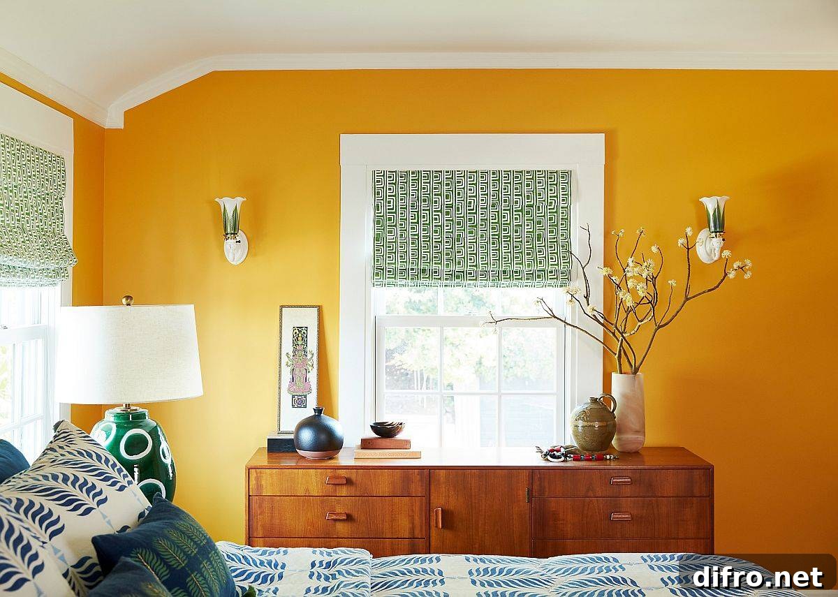 Yellow accent wall with green blinds and blue bedding