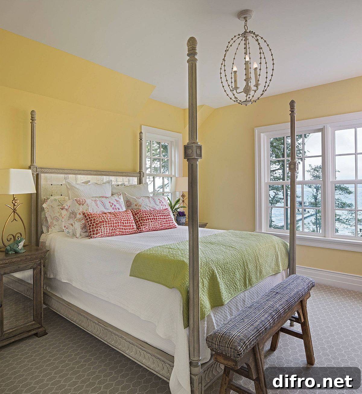Beach style bedroom in yellow with soft lighting