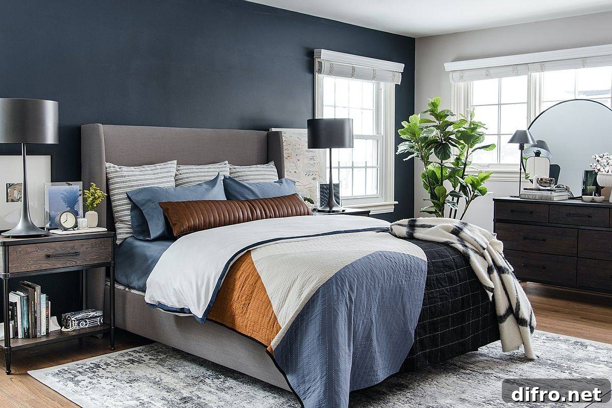 Charcoal gray accent wall in a modern bedroom