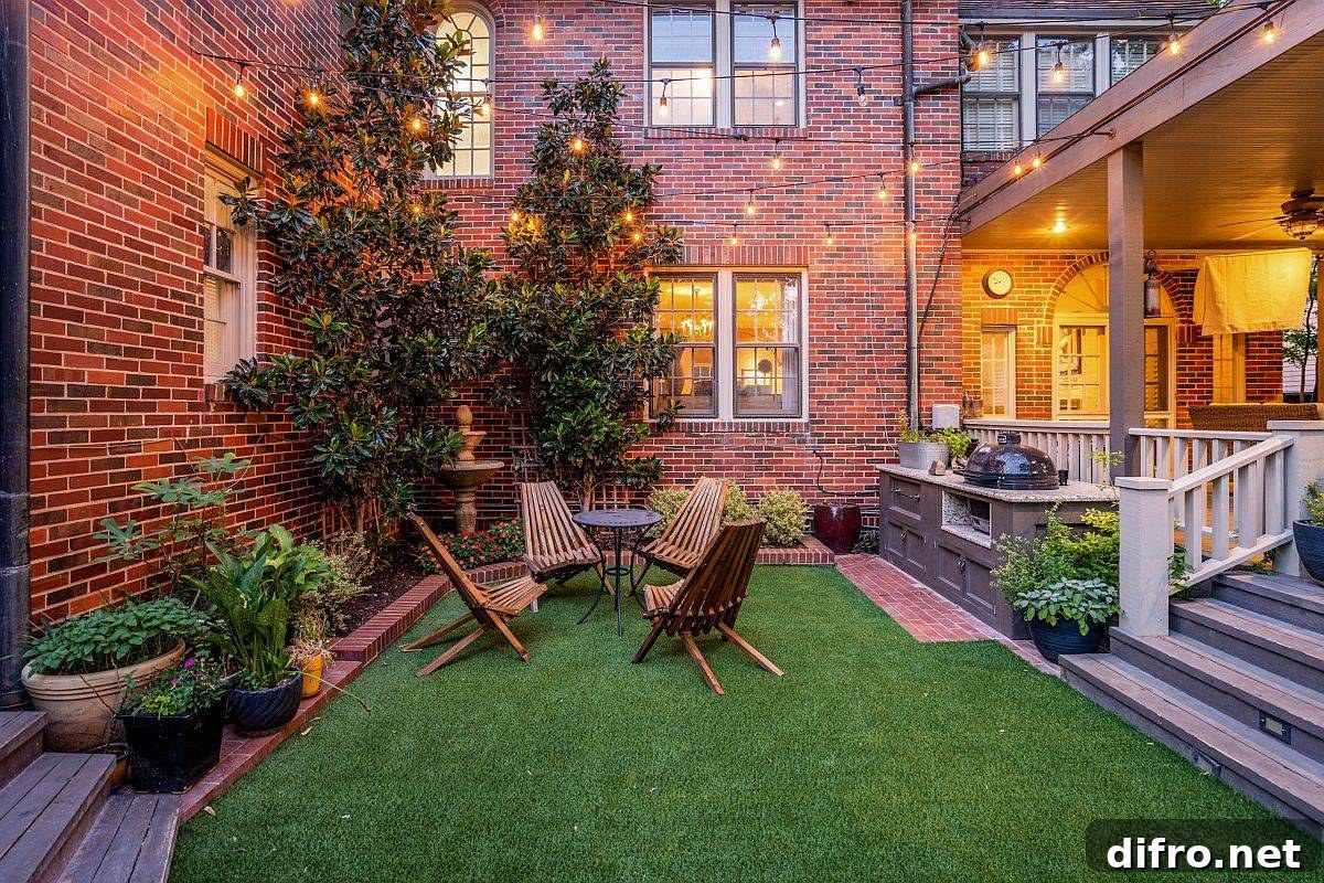 Green courtyard with brick backdrop and lighting