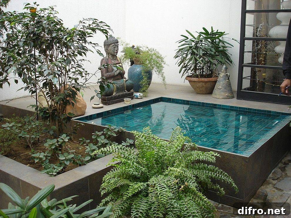 Small courtyard with water feature and plants