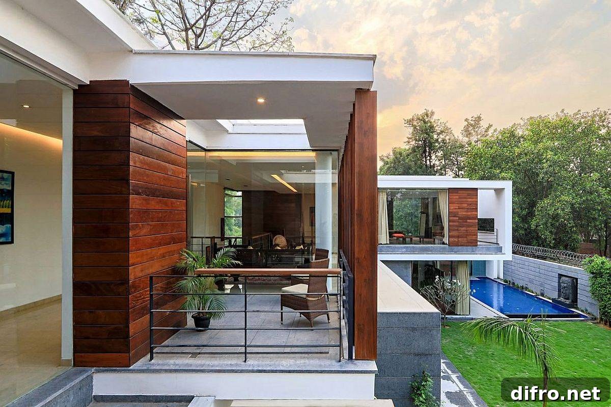 Home with moving wooden slats for adaptable shading