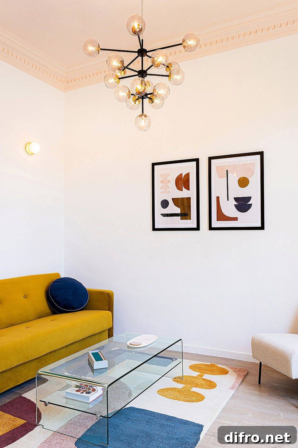 Bright color accents enlivening the neutral living area