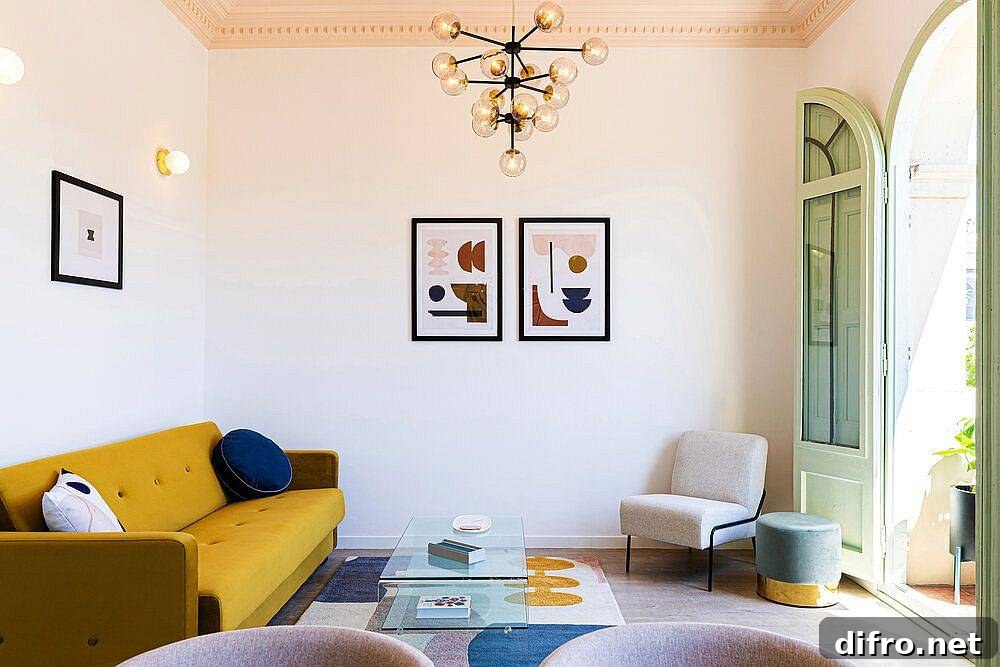 Modern artwork and a bright yellow couch in the living room