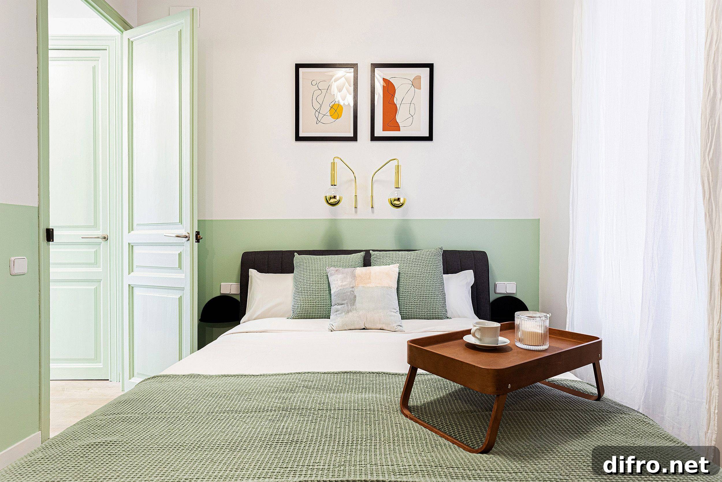 Small, stylish bedroom in white and pastel green