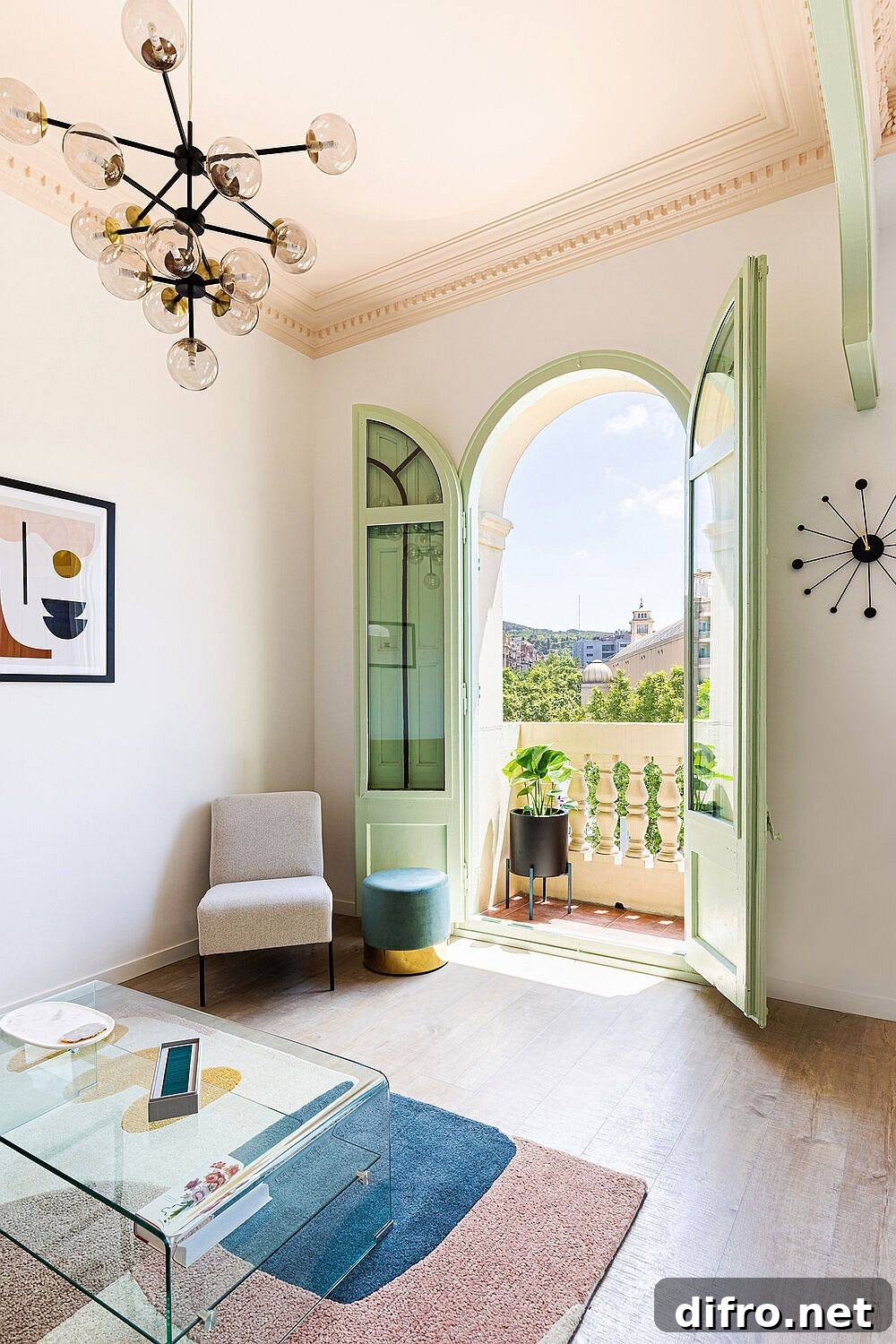 Pastel pink ceiling and classic French doors in pastel green
