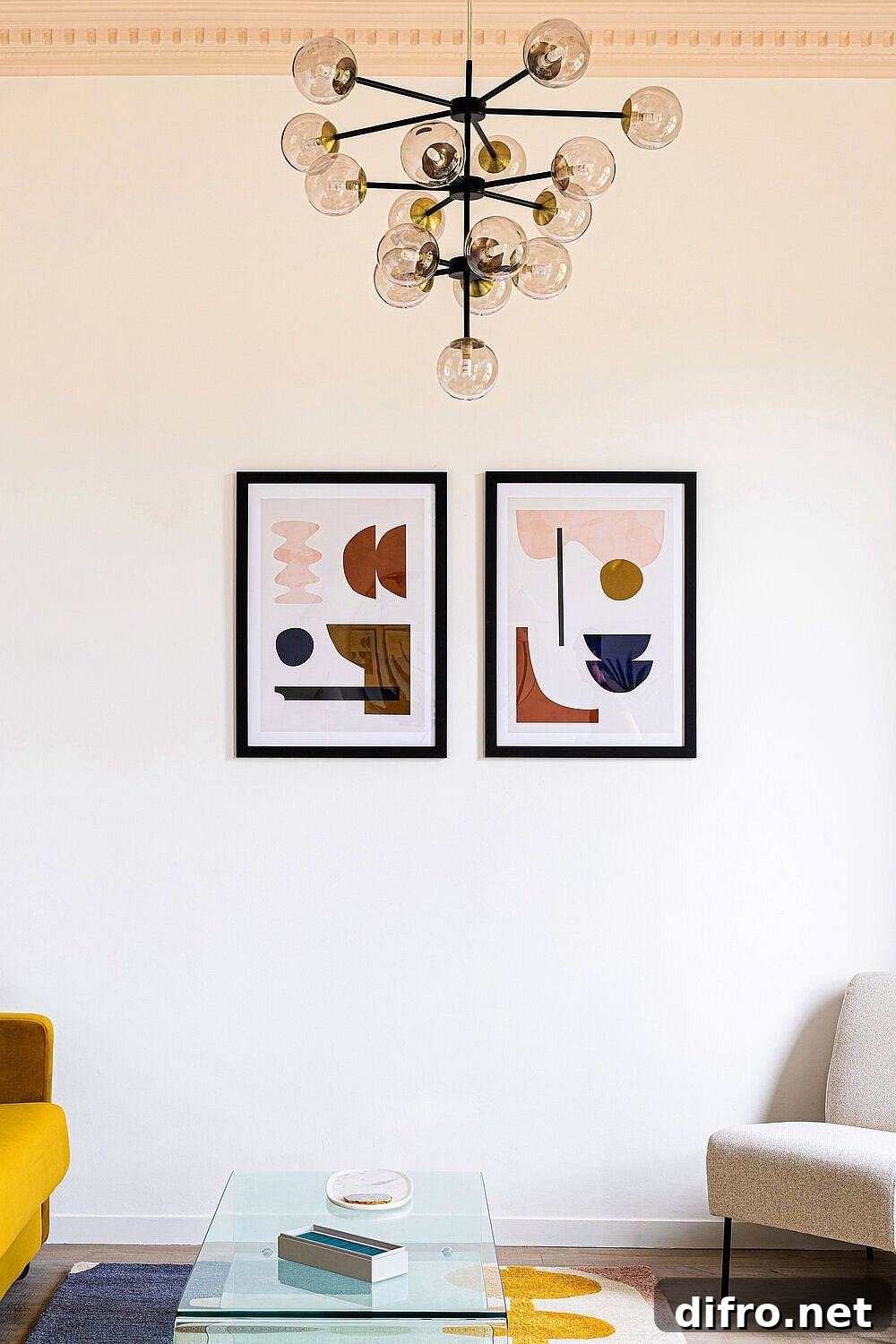 Contemporary chandelier and wall art in renovated apartment