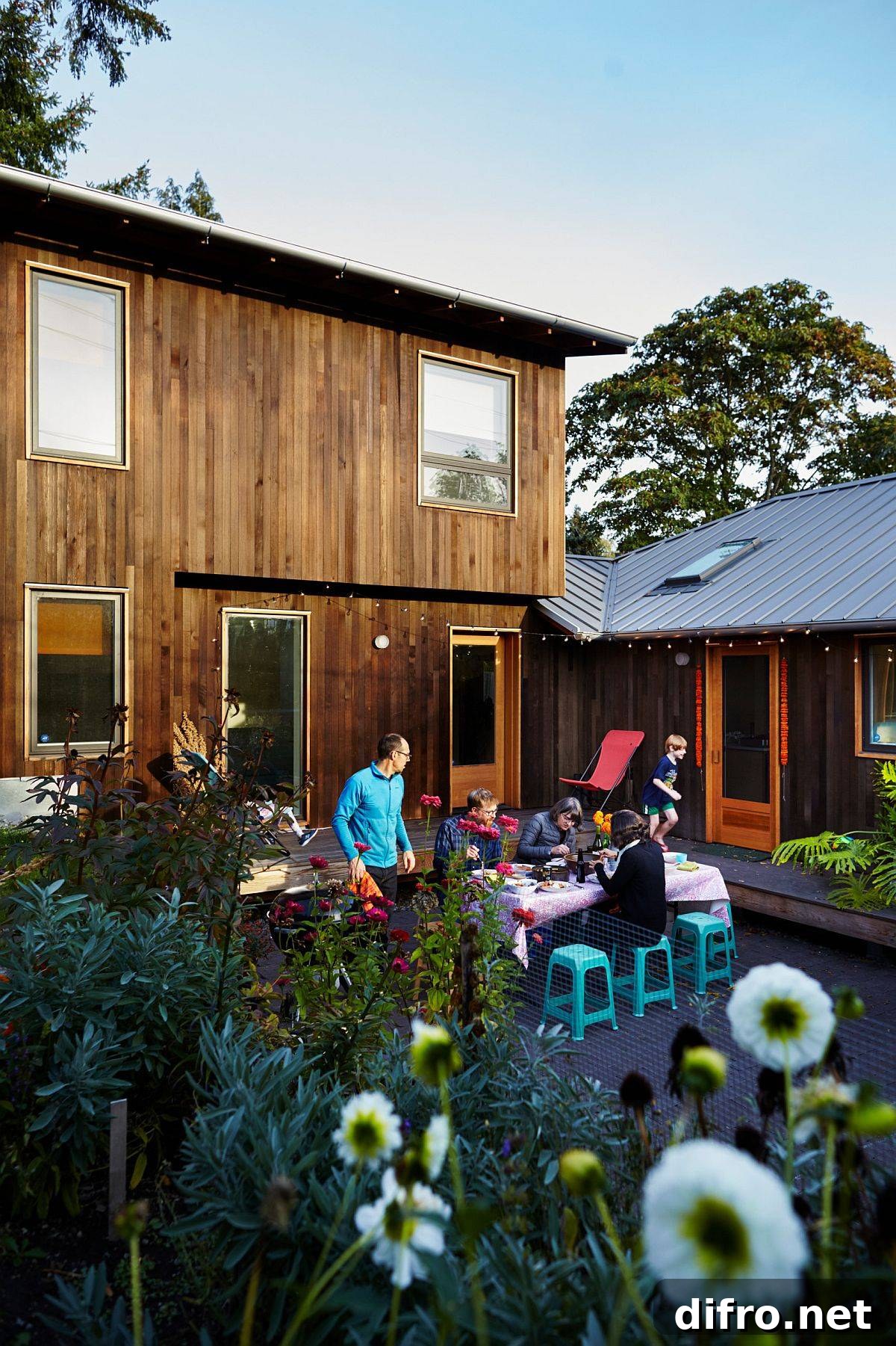 Courtyard bordered by elevated decks and lush garden planting