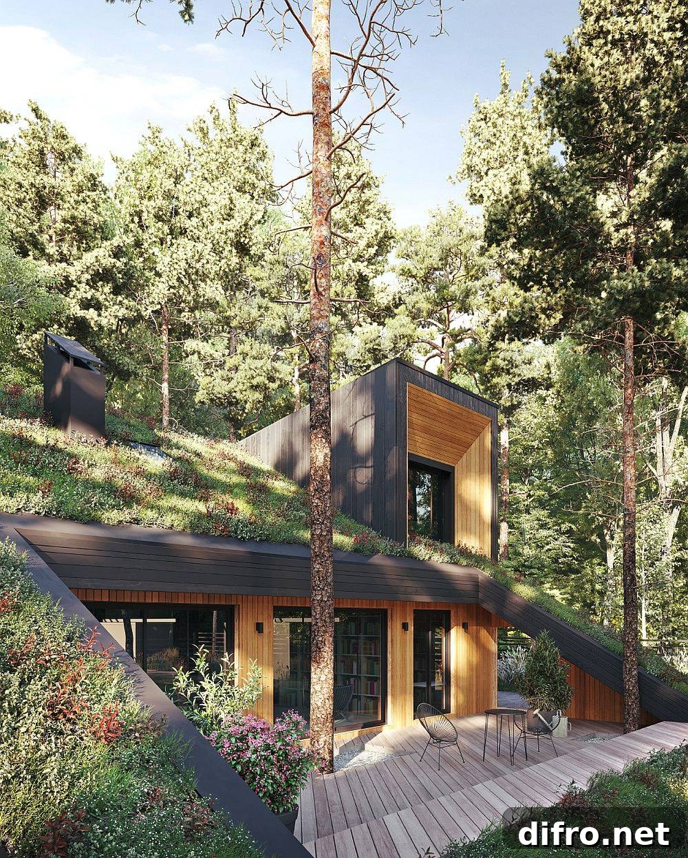 Small outdoor wooden deck with view of living roof