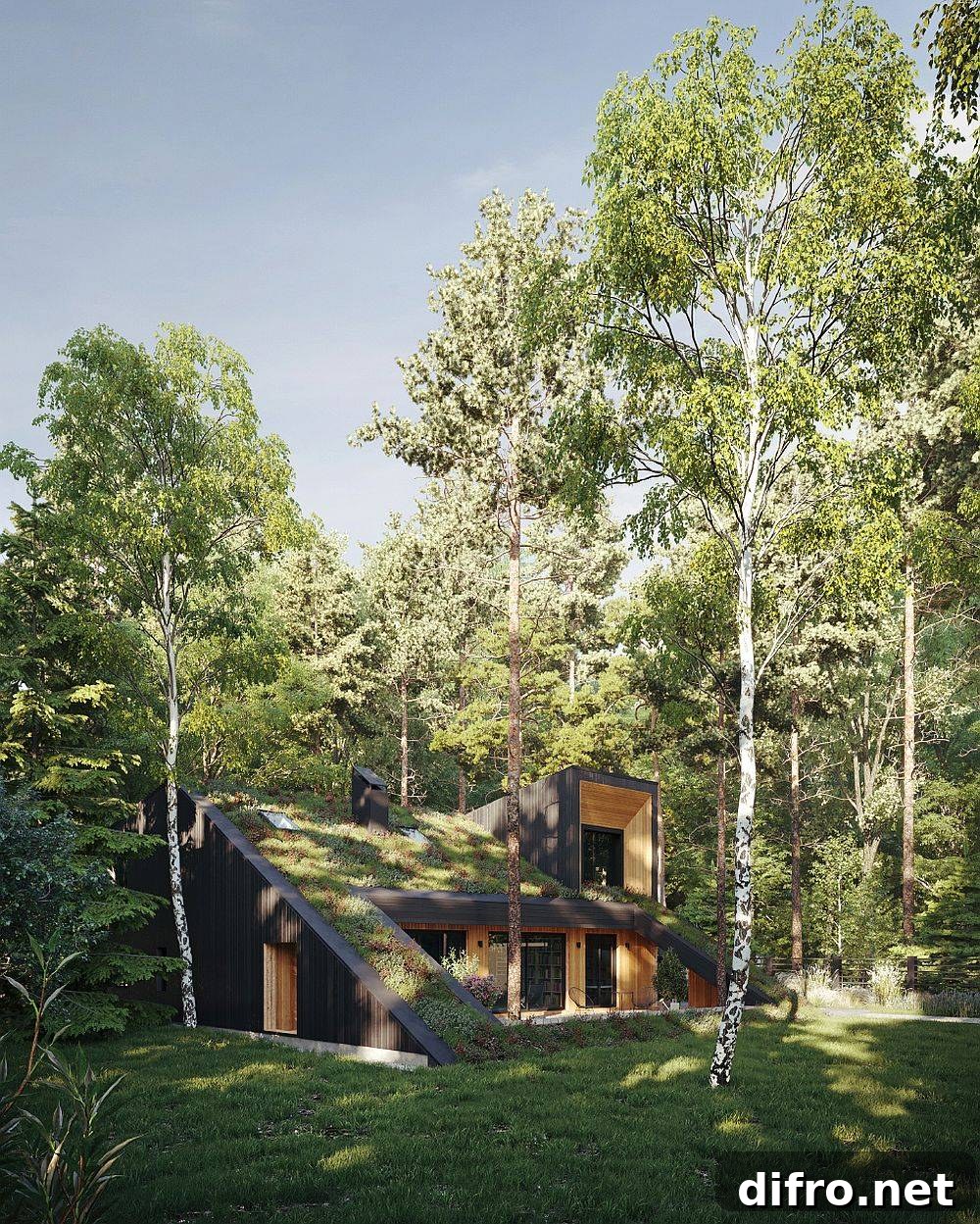 Tall trees surrounding the green home