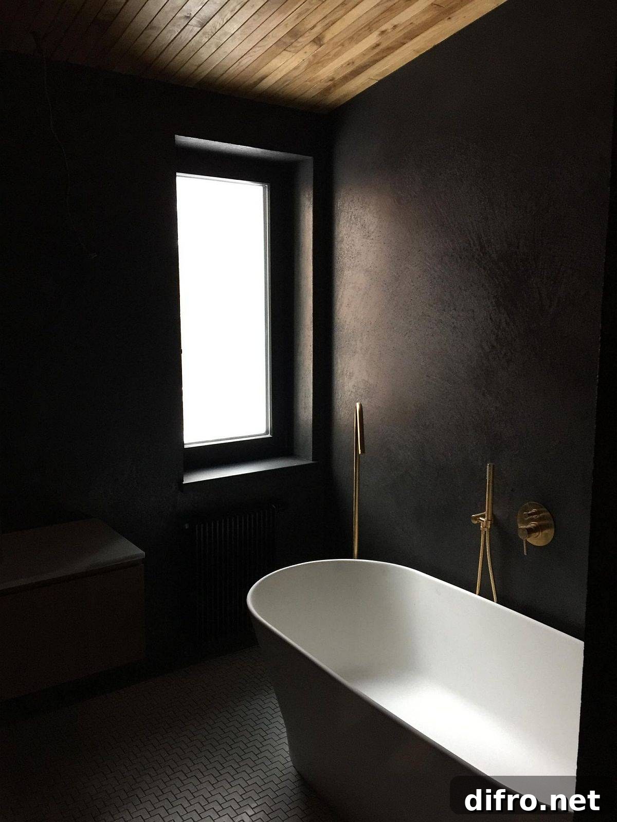Modern black and white bathroom with wooden ceiling