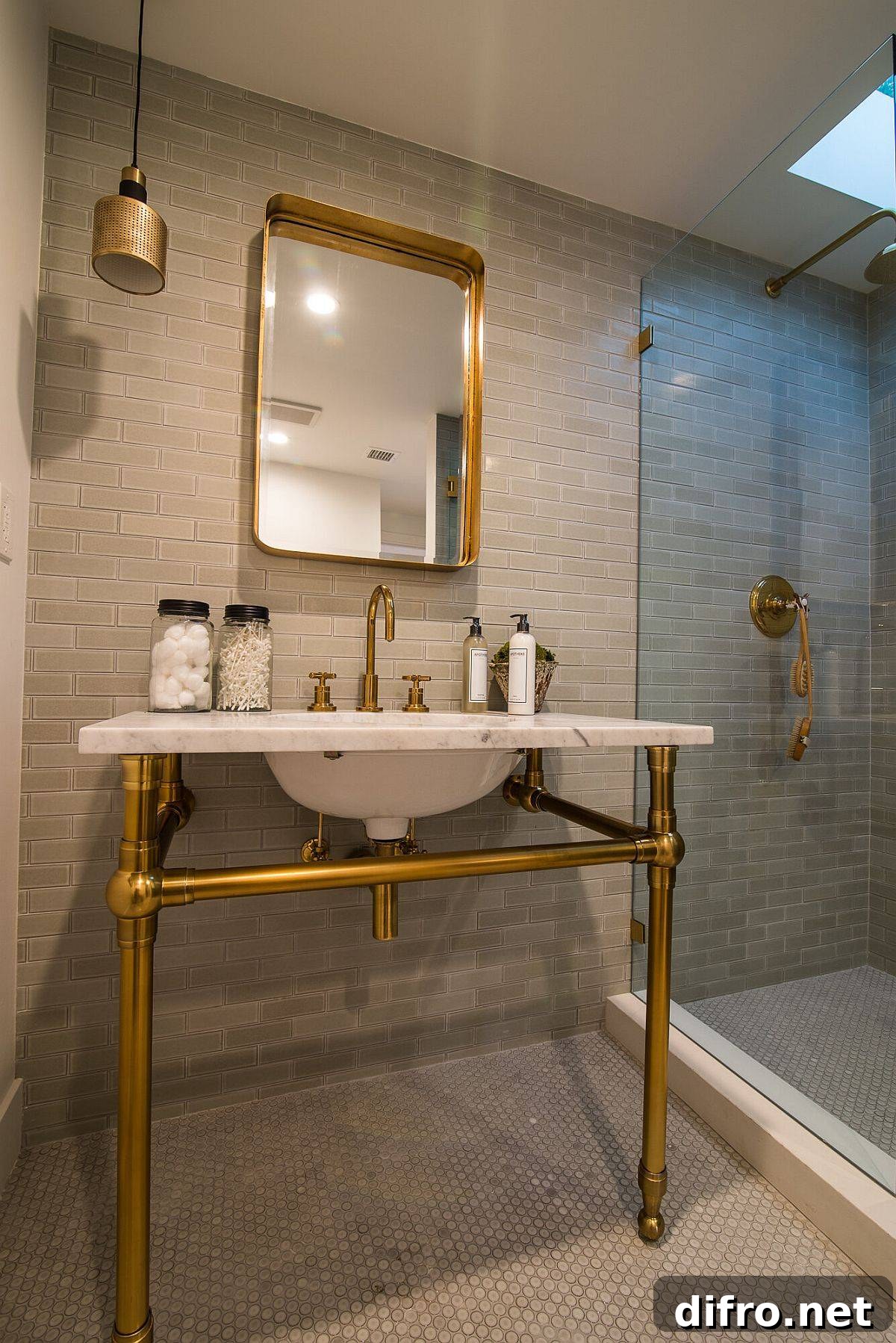 Bathroom with Spanish tile and sink that features a gold base