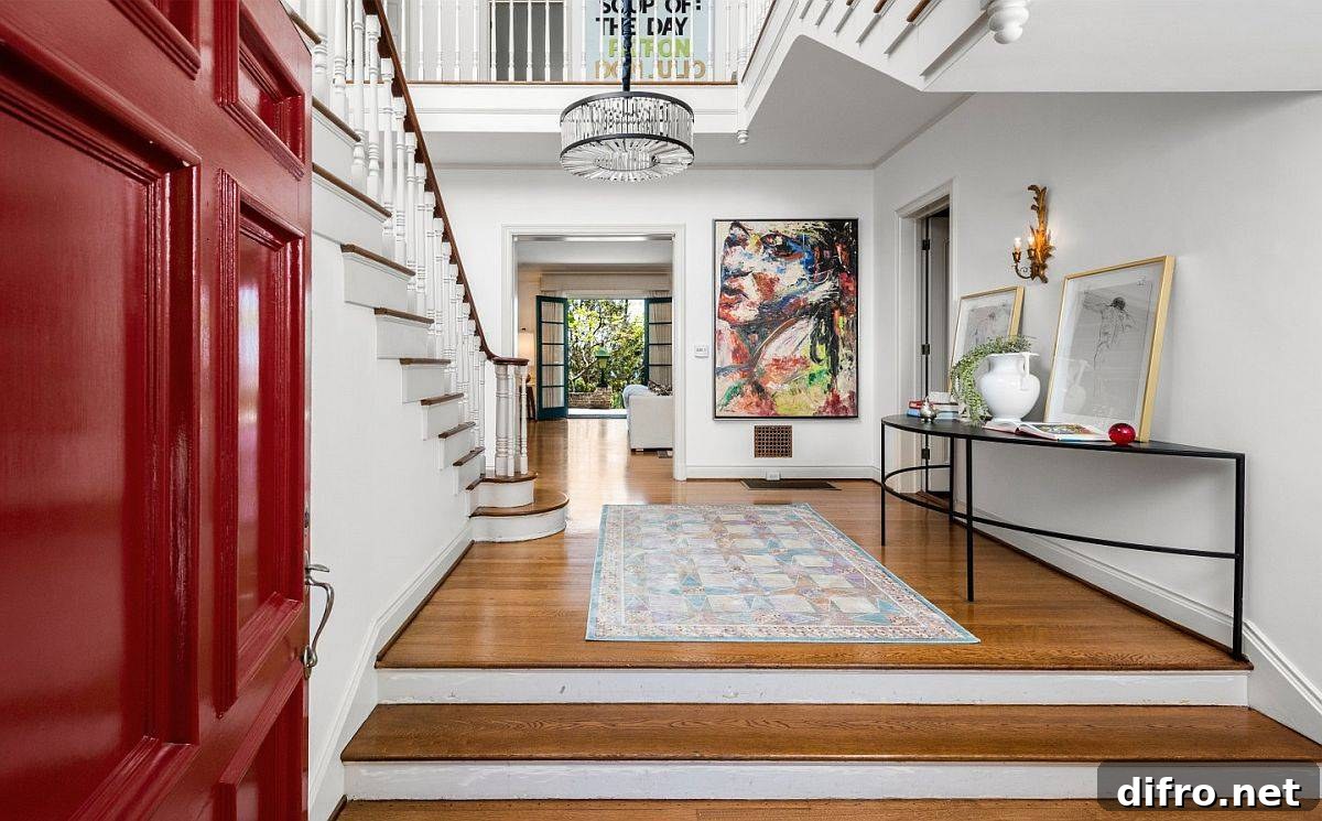 Bright foyer with a bold red door
