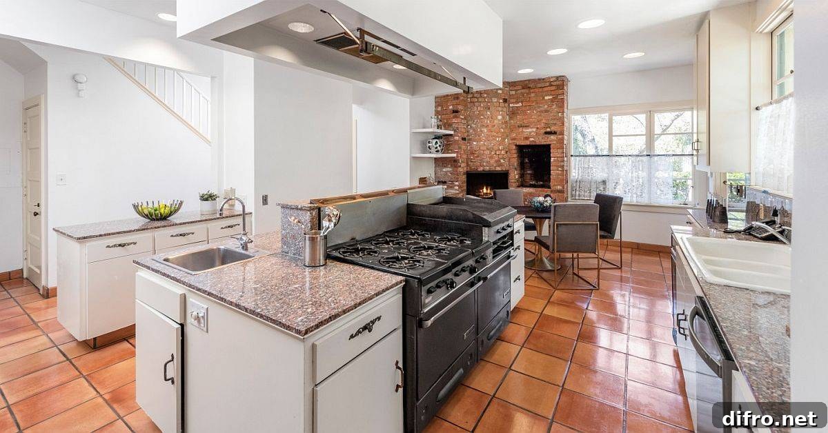 Kitchen with Saltillo tiles and brick wall
