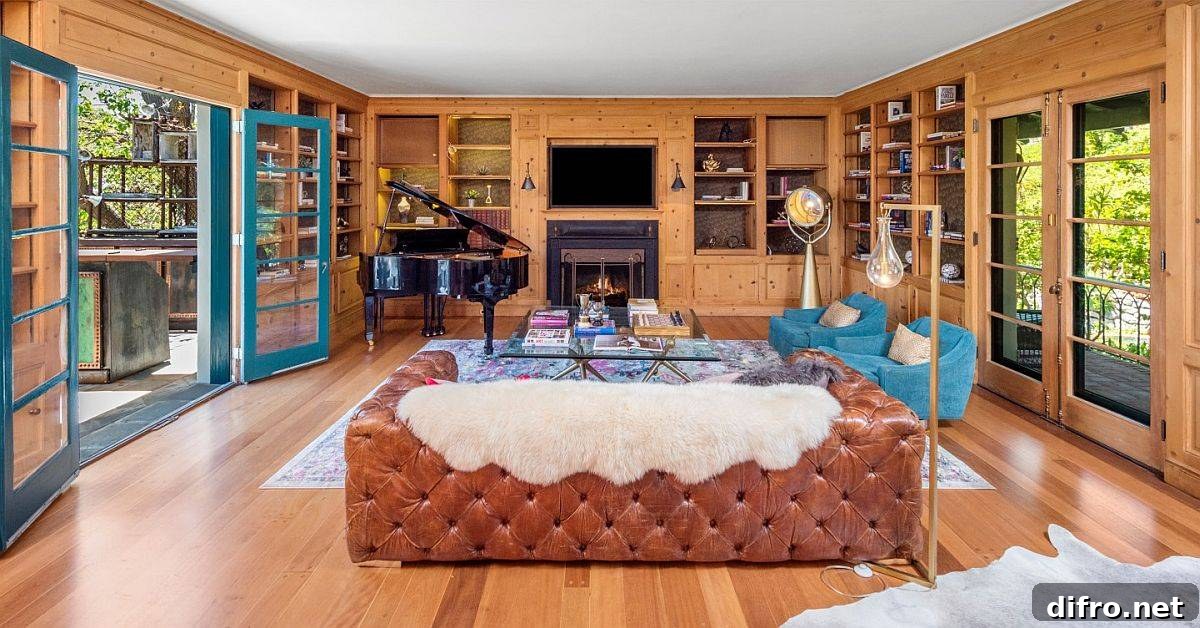 Family room with wood accents and leather couch