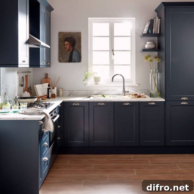dark black/blue cabinets in kitchen