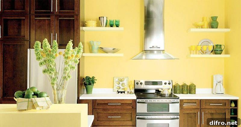canary yellow paint in kitchen with dark cupboards